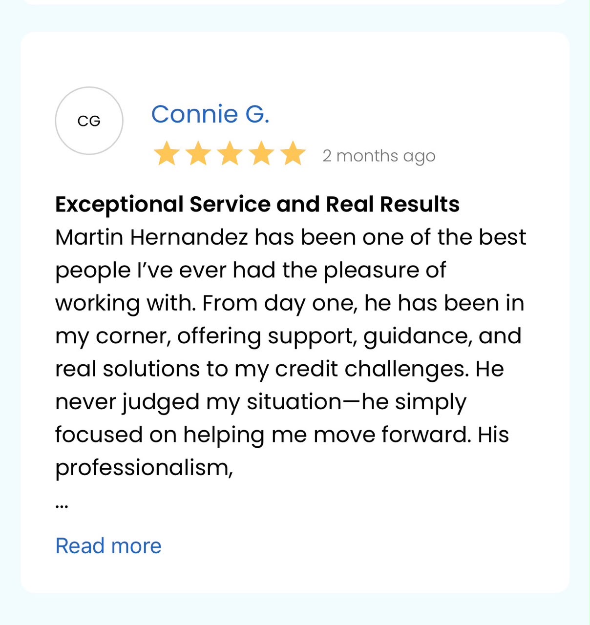 Five star review from Connie G. about exceptional service and real results
