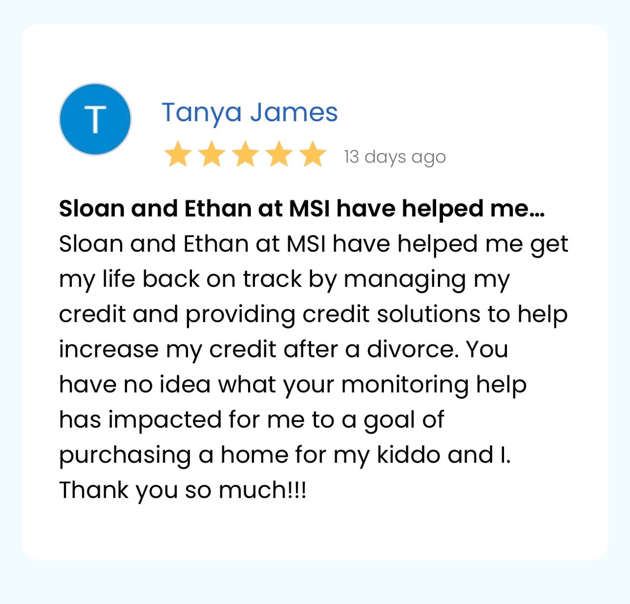 Five star review from Tanya James about getting her credit back on track after a divorce
